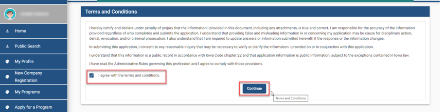Terms and conditions. Agreement checkbox highlighted and continue button highlighted.