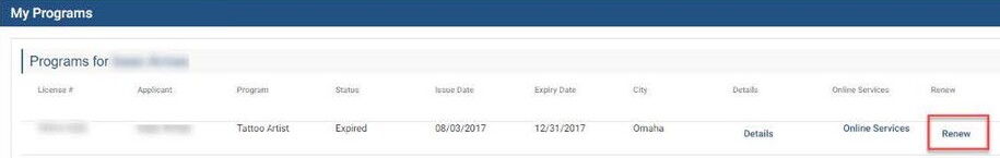 My program page showing where the renew button is.